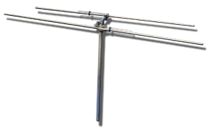 view of an H style antenna with metal handle. Used for radio telemetry wildlife tracking from an aircraft